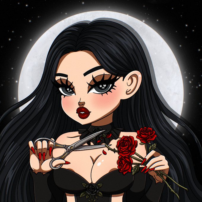 A cartoon-style illustration of a dark-haired woman holding scissors and red roses against a full moon.