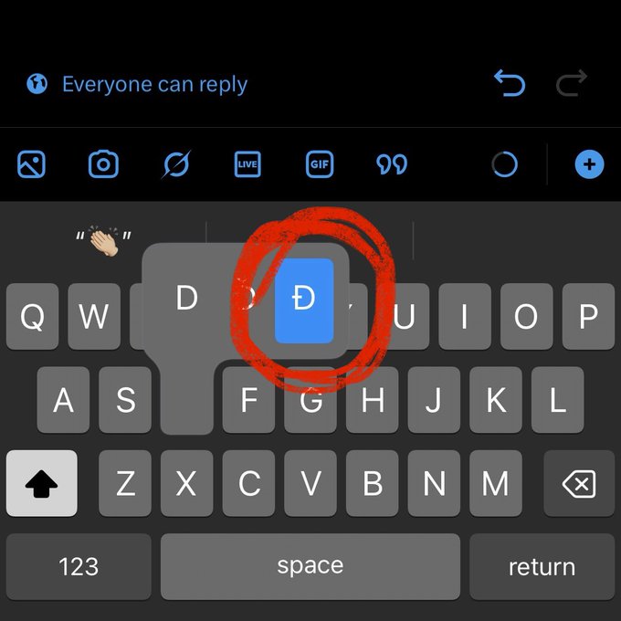 A screenshot of a dark-themed smartphone keyboard interface with the letter 'D' circled in red, under the text 'Everyone can reply'.