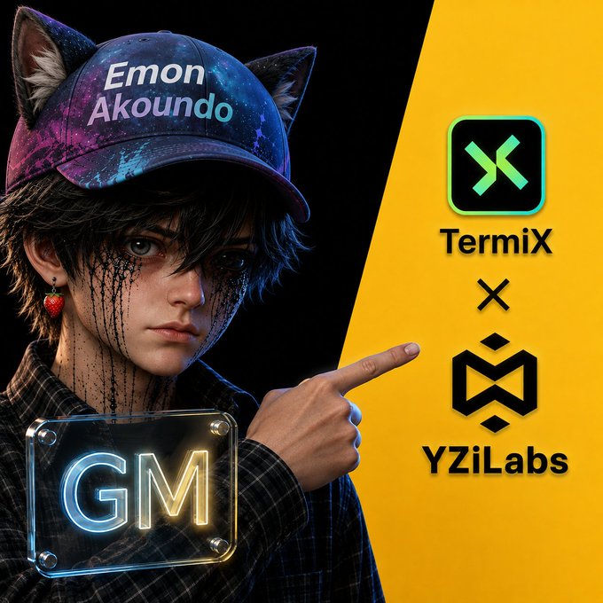 Digital artwork of a character with cat ears wearing a galaxy-patterned cap labeled 'Emon Akoundo' alongside TermiX and YZiLabs logos and a glowing 'GM' neon sign.