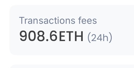 A simple white UI element displaying 'Transactions fees 908.6ETH (24h)' in dark gray text.