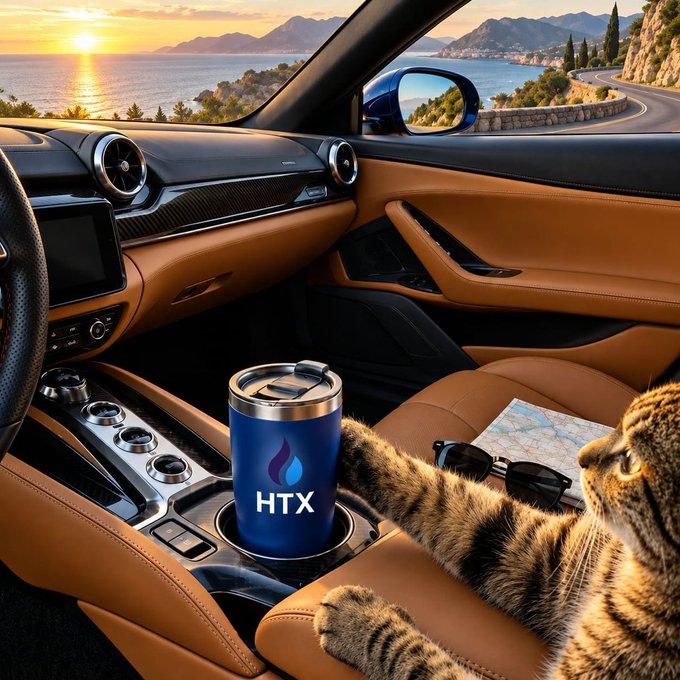 A luxury car interior overlooks a scenic coastal road at sunset, featuring a blue "HTX" tumbler in the cup holder, sunglasses, and a map on the seat, while a tabby cat lounges across the center console—visually playing on the post's "meow" pun with the HTX brand.