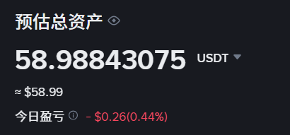 A screenshot shows a financial balance of '58.98843075 USDT' (approximately $58.99) with today's profit displayed as '-$0.26(0.44%)' on a dark background.