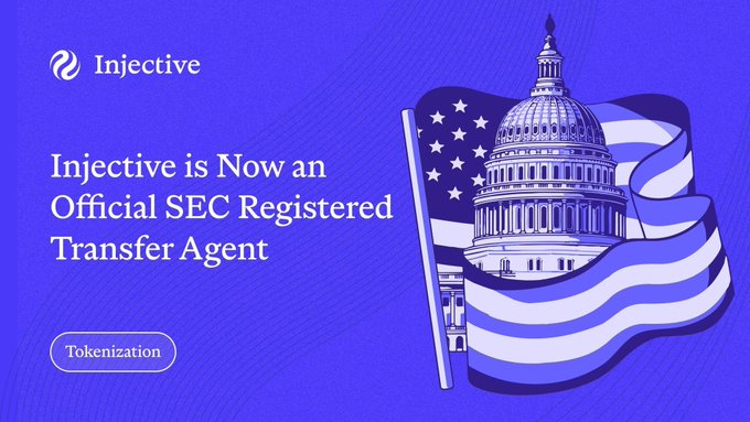 A promotional graphic with a blue background featuring the 'Injective' logo and text 'Injective is Now an Official SEC Registered Transfer Agent', accompanied by an illustration of the U.S. Capitol building and an American flag, with a 'Tokenization' tag.