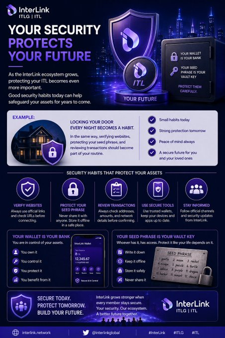 InterLink infographic titled 'Your Security Protects Your Future' offering security habits to protect assets, covering wallet protection, seed phrases, and tagged #InterLink #ITLG #ITL.