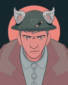 A cartoon illustration of a stern-looking man wearing a grey hat with small horns and a heart logo, set against a red circular background.