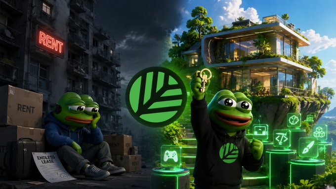 The image is a split scene: on the left, a sad Pepe frog sits among cardboard boxes labeled "RENT" under a gloomy apartment building with a neon "RENT" sign, while on the right, a joyful Pepe triumphantly holds up house keys beside a modern dream home surrounded by floating green tech and crypto icons with the CNPY Network logo in the center. It visually contrasts the despair of endless renting with the promise of true ownership that the post attributes to CNPY Network's approach in crypto.