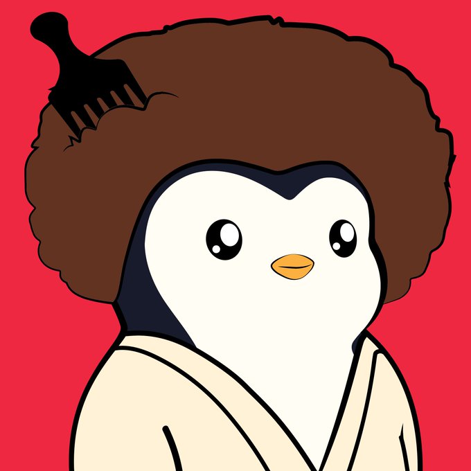 A cartoon penguin character with a large brown afro and a black pick/comb accessory, wearing a beige robe against a red background.