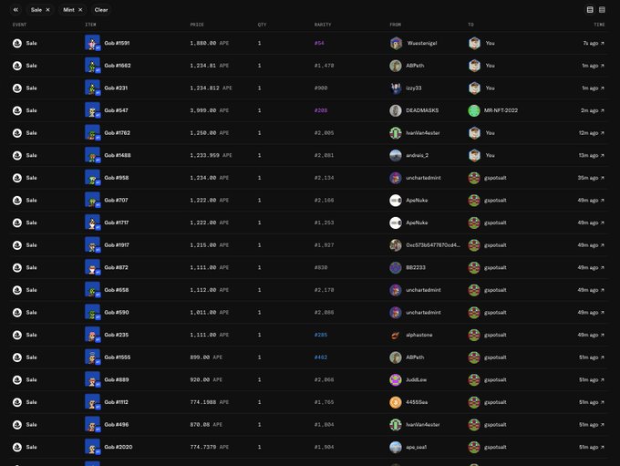 A dark-themed digital marketplace listing showing various items for sale with prices in Japanese Yen, item numbers, and seller information.