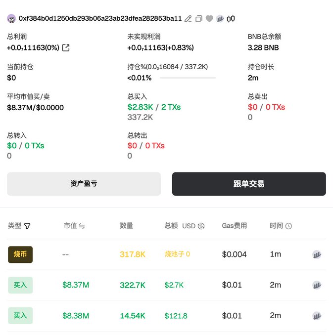 The image shows a transaction history for address 0xf384b0d1250db293b06a23ab23dfea282853ba11, which purchased 337.2K tokens of MAME-INU (with a market cap of ~$8.37M) and then burned 317.8K tokens, leaving a current holding of 0 and a small BNB balance of 3.28 BNB. This visually confirms the post's claim that the address bought the meme-inu:native token only to immediately burn the vast majority of its holdings.