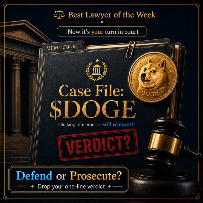 The image features a "Meme Court" themed graphic designed like a legal case file for the cryptocurrency $DOGE, displaying a golden Dogecoin coin alongside a judge's gavel, with the text "Best Lawyer of the Week," "Case File: $DOGE - Old king of memes — still relevant?" and a prompt asking users to "Defend or Prosecute?" by dropping a one-line verdict. The design visually reinforces the courtroom-style meme competition by framing Dogecoin as the defendant in a playful trial over its continued relevance in the meme coin market.