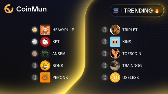A CoinMun "TRENDING" leaderboard displays the top 10 Solana memecoins, with HEAVYPULP ranked #1, followed by KET, ANSEM, BONK, and PEPONK in the top 5, and TRIPLET, KINS, TOESCOIN, TRAINDOG, and USELESS rounding out positions 6-10, matching the tickers listed in the accompanying post.