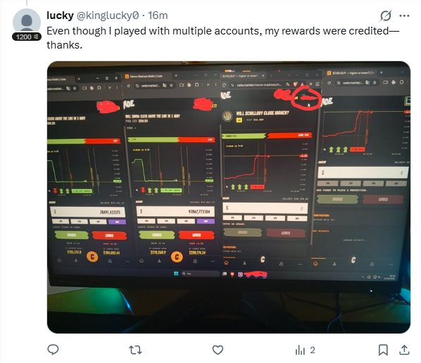 Screenshot of a tweet from user 'lucky @kinglucky0' reading 'Even though I played with multiple accounts, my rewards were credited—thanks,' showing photos of multiple browser tabs displaying crypto gambling interfaces with red circles marking certain elements.