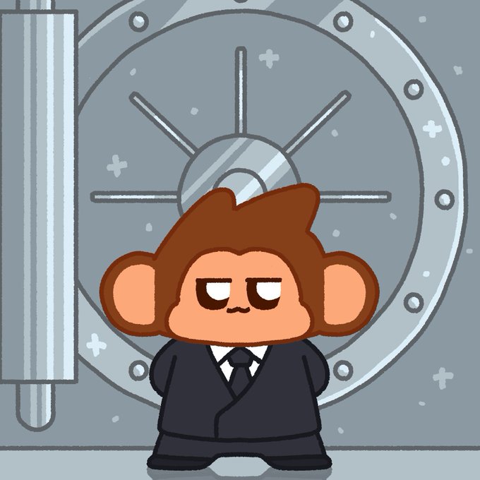 A cartoon monkey character with brown hair, wearing a black suit and tie, stands with a tired expression in front of a large gray bank vault door.