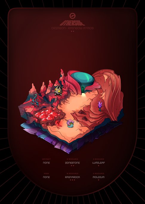 An illustrated diorama scene titled 'CRIMSON RAINBOW ATTMOS' displays a vibrant red, rocky landscape with various biomes labeled 'sandstone', 'lumiLeaf', 'RAGNAROCK', and 'molodum'.