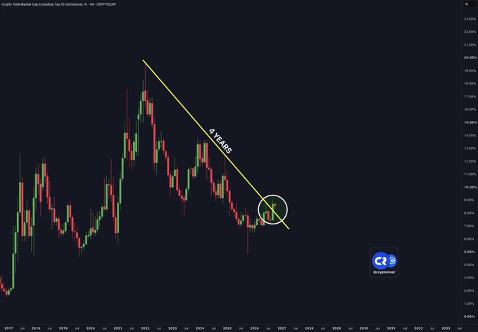 A candlestick chart titled "Crypto Total Market Cap Excluding Top 10 Dominance, % - 1M - CRYPTOCAP:OTHERS" showing a declining trendline labeled "4 YEARS" from approximately 22% down to 8% between 2021 and 2026.