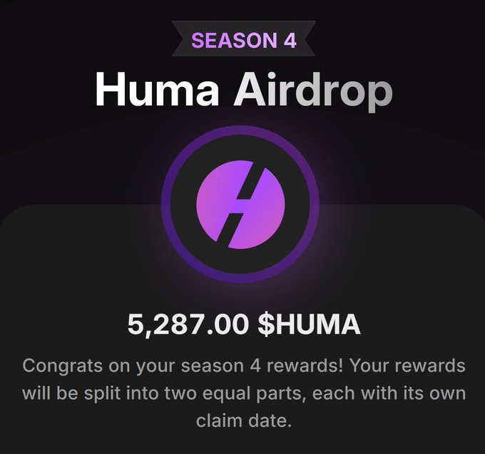 The image shows a screenshot of an advertisement promoting a new product called "Huma Airdrop" which appears to be related to gaming or a gaming-related app, as indicated by its name. The post features a purple circle containing a white oval representing the "HUMA" character, and it is accompanied by a description in English stating that the user has either confirmed their season 4 purchase of Huma Airdrop (or claimed their rewards for splitting into two equal parts) or are getting paid 5,287.00 in Huma Finance for doing so. The post's title reads "Season 4: Huma Airdrop", and it's set against a black background with white text to ensure it's easily visible.