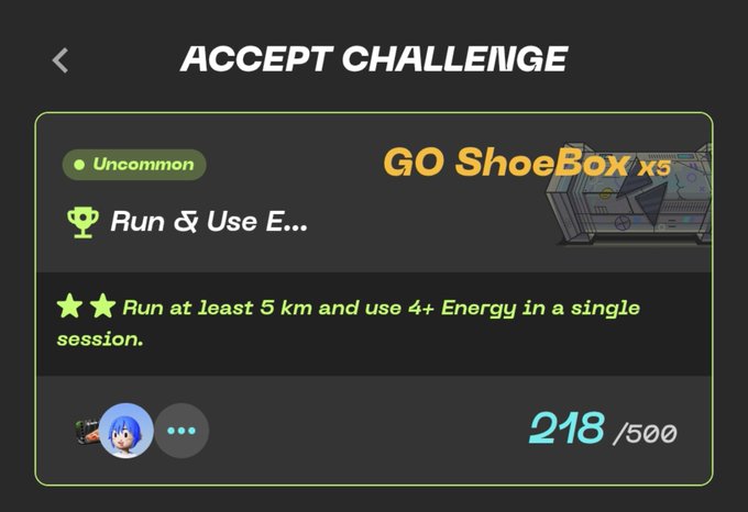 A screenshot of a fitness challenge titled 'ACCEPT CHALLENGE' to earn 'GO ShoeBox x5' by running at least 5 km and using 4+ Energy in a single session, showing 218/500 progress.