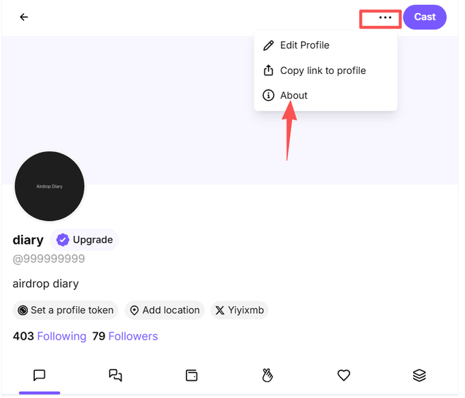 A social media profile page for user 'diary' displays a dropdown menu with 'Edit Profile', 'Copy link to profile', and 'About' options, with a red arrow pointing to the 'About' selection and a red box highlighting the menu icon.