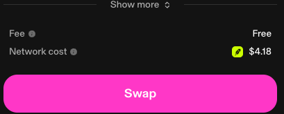 A cryptocurrency swap interface shows 'Fee: Free' and 'Network cost: $4.18' above a bright pink 'Swap' button.