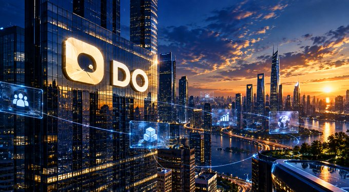 A futuristic cityscape at sunset with modern skyscrapers reflecting golden light, featuring a large glowing 'Do' logo on a building and floating holographic icons depicting people, cube packages, and finance symbols connected by light trails.