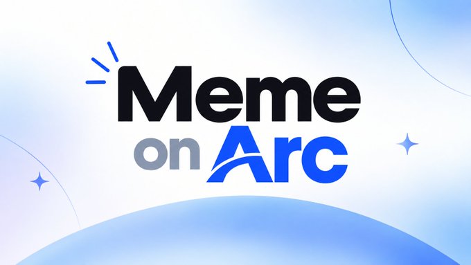 A stylized logo reading "Meme on Arc" in bold black and blue lettering, accompanied by small sparkle accents and a soft blue gradient background. The image ties directly to the post by promoting @memearcpad, a meme project built on the Arc network ahead of its mainnet launch.