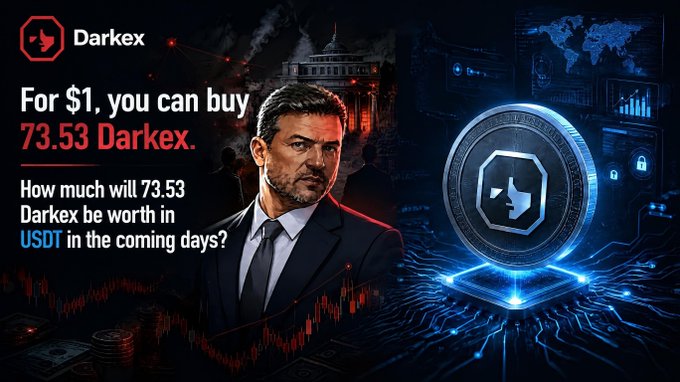 An advertisement for "Darkex" cryptocurrency stating "For $1, you can buy 73.53 Darkex" alongside an illustration of a man and a crypto coin graphic.