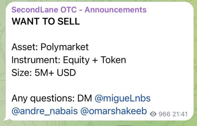 A Telegram message from 'SecondLane OTC - Announcements' states 'WANT TO SELL' for 'Asset: Polymarket, Instrument: Equity + Token, Size: 5M+ USD,' with contact handles @migueLnbs, @andre_nabais, @omarshakeeb, viewed 966 times at 21:41.