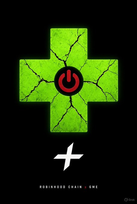 A green cracked cross symbol with a red power button in the center is displayed on a black background, with text reading "ROBINHOOD CHAIN X GME" and a small "Grok" logo.
