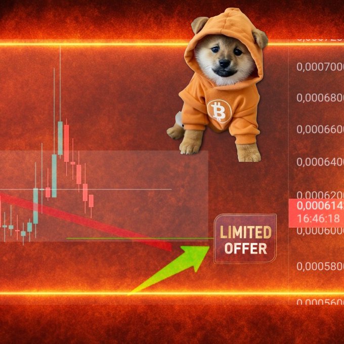 A meme-style image shows a Shiba Inu dog wearing an orange Bitcoin hoodie superimposed over a red-themed trading chart, with a "LIMITED OFFER" label.