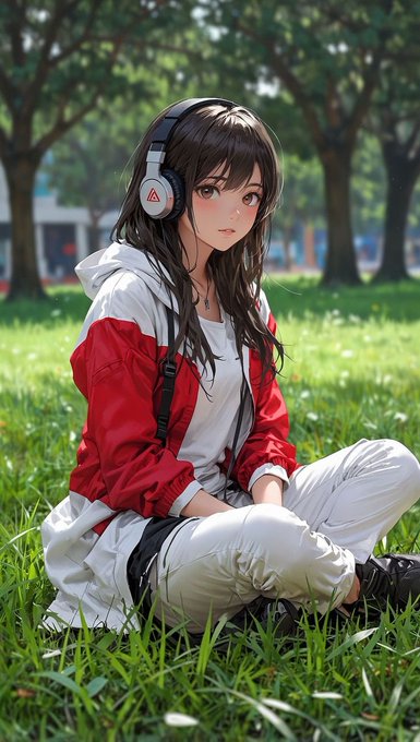 An anime-style illustration of a young woman with long brown hair sitting in grass, wearing white headphones, a red and white jacket, and white pants with a backpack.