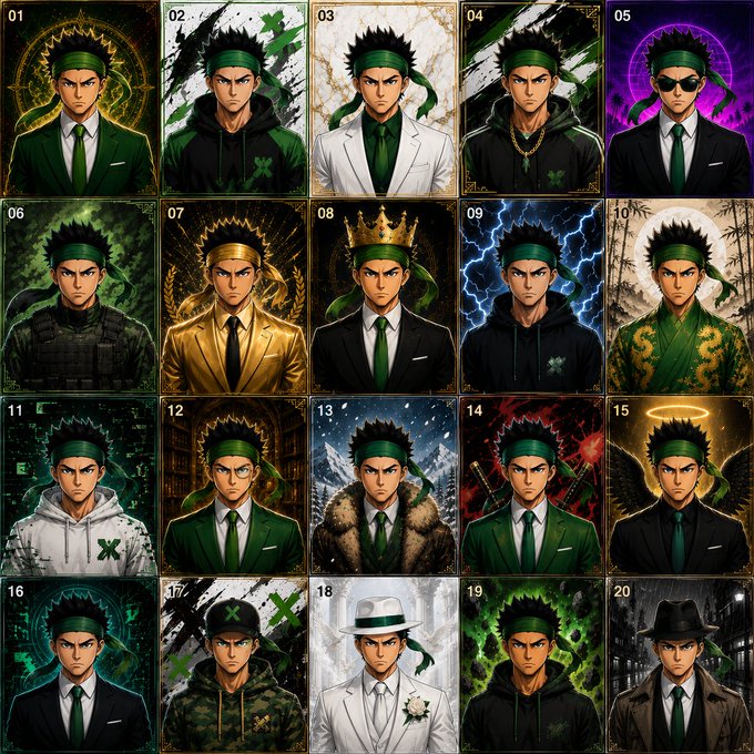A 4x5 grid displays 20 numbered avatar variations (01-20) of an anime-style male character with spiky black hair and a signature green headband, each depicted in different stylized outfits ranging from suits and hoodies to royal attire and tactical gear with green as the recurring color theme. The post humorously presents these designs as a potential NFT collection, with "Aura dey cry" suggesting the character's green aura/aesthetic makes the collection look appealing and cool enough to prompt an emotional reaction.
