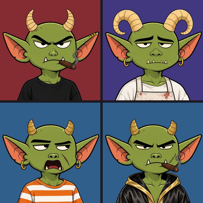 A four-panel illustration of different green goblin or orc characters with horns, pointy ears, and varying expressions and outfits.