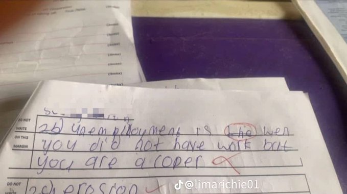 A close-up of a handwritten note on lined paper that reads '28 unemployment is [circled] when you did not have work but you are a loser' with a red X mark, with a TikTok watermark '@limarichie01'.