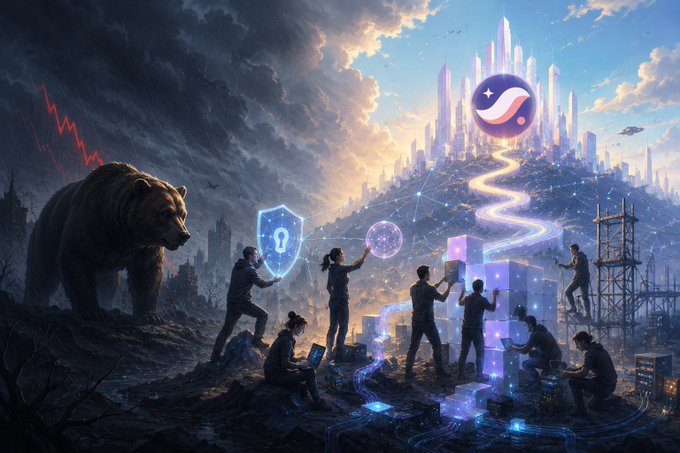 A dramatic digital illustration contrasting a stormy side with a giant bear and red lightning against a bright futuristic city with a glowing serpentine logo, where silhouetted figures work on tech projects between the two realms.