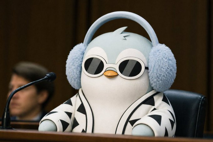 A penguin character wearing white sunglasses, fluffy headphones, and a black-and-white patterned robe sitting at what appears to be a congressional hearing desk with a microphone.