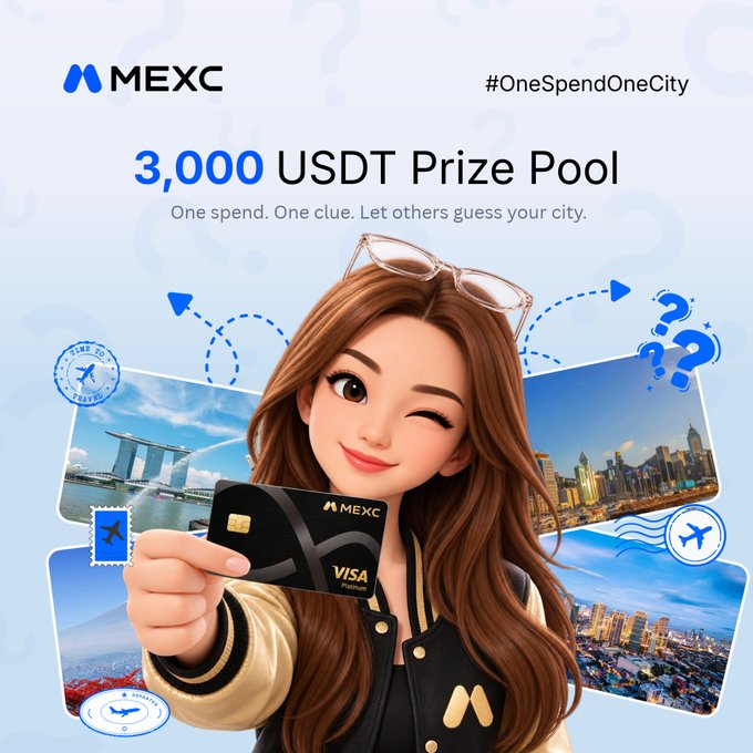 A MEXC promotional graphic reads “#OneSpendOneCity” and “3,000 USDT Prize Pool,” with the line “One spend. One clue. Let others guess your city.” beside a cartoon woman holding a MEXC Visa card.