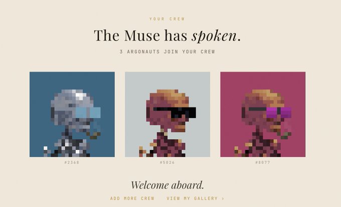 A webpage titled 'The Muse has spoken' announcing that 3 Argonauts have joined the user's crew, displaying three pixel-art character portraits numbered #2368, #5026, and #8077 with options to add more crew or view gallery.