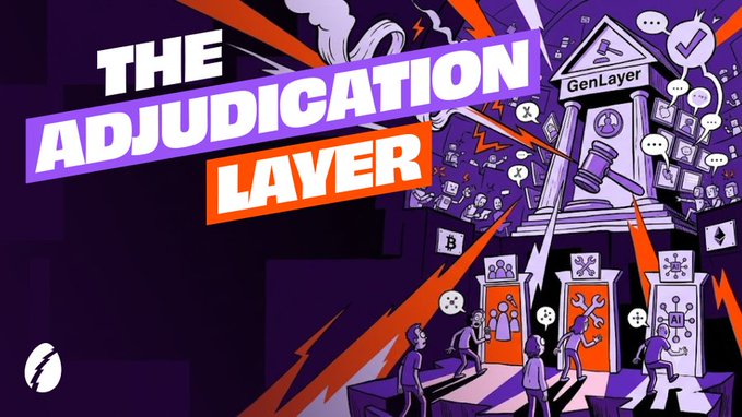 A colorful graphic illustration titled "THE ADJUDICATION LAYER" features cartoon figures, a courthouse labeled "GenLayer," and various icons including a Bitcoin logo and chat bubbles.