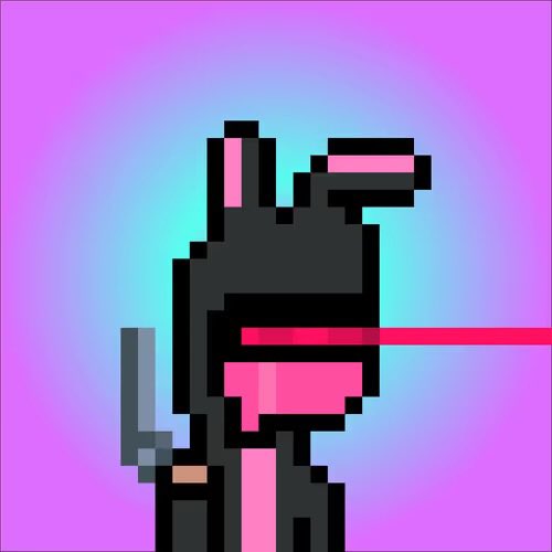 A pixel art animation frame of a black and pink rabbit-like character holding a sword, with a red laser beam shooting from its mouth against a purple gradient background.