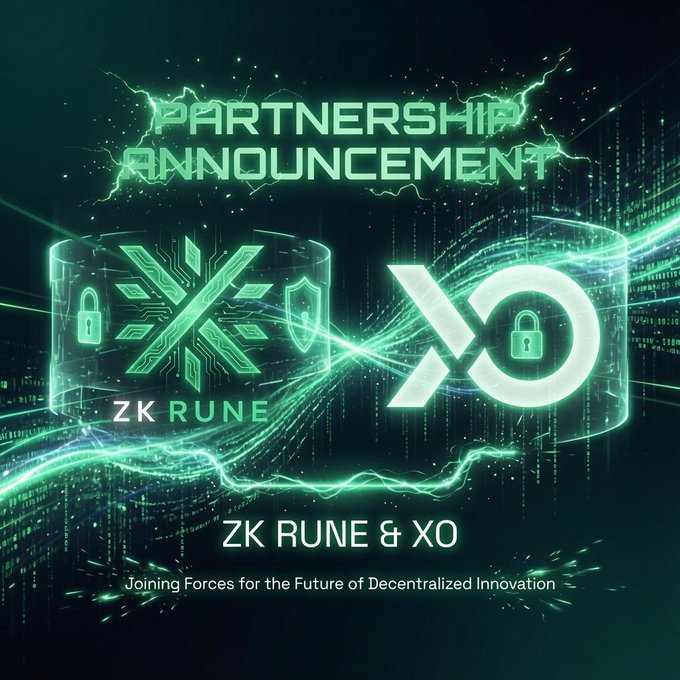 The image features a green background with white text that reads " Partnership Announcement". The text also includes logos of two companies, "ZK Rune" and "XO", which are known for their expertise in blockchain technology. The text mentions that these companies are joining forces to create a more secure and centralized innovation ecosystem.