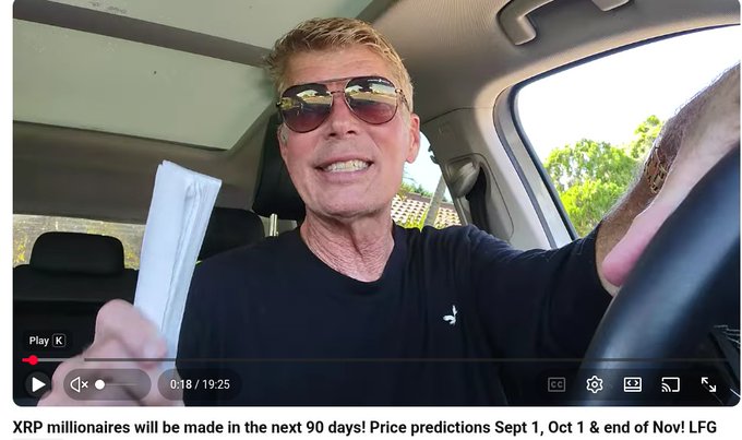 A YouTube video screenshot featuring a man in sunglasses holding a package in a car, with the title 'XRP millionaires will be made in the next 90 days! Price predictions Sept 1, Oct 1 & end of Nov! LFG' shown at 0:18/19:25.