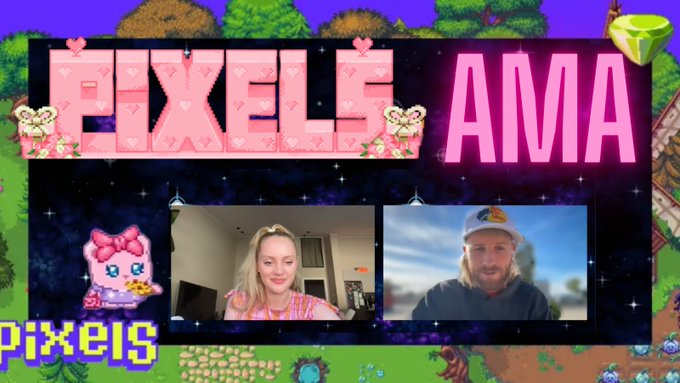 A promotional graphic for a "PIXELS AMA" session features a pixel-art themed banner with pink lettering, heart-shaped flora, and two video call participants—a woman with blonde hair and a man in a cap—set against a cosmic background with a cartoon pink cat. The image complements the announcement of an Ask Me Anything event hosted by @pixels_online, highlighting the project's community-driven development initiatives and bounties ranging from 500,000 to 750,000 PIXEL.