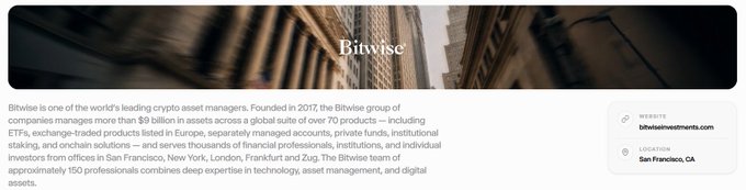A webpage or article featuring the 'Bitwise' logo with text describing it as 'one of the world's leading crypto asset managers' managing over $9 billion in assets, with websites listed as bitwiseinvestments.com and location San Francisco, CA.