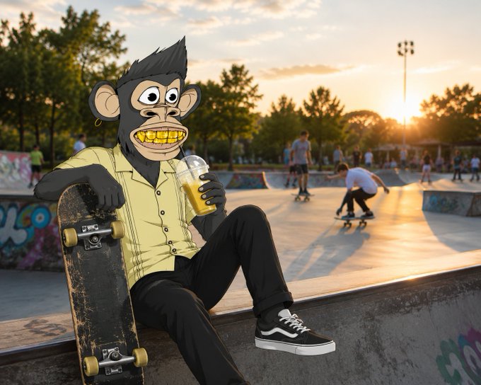 An animated black monkey character with gold teeth sits in a skatepark at sunset, holding a skateboard and a yellow beverage, with other skaters in the background.