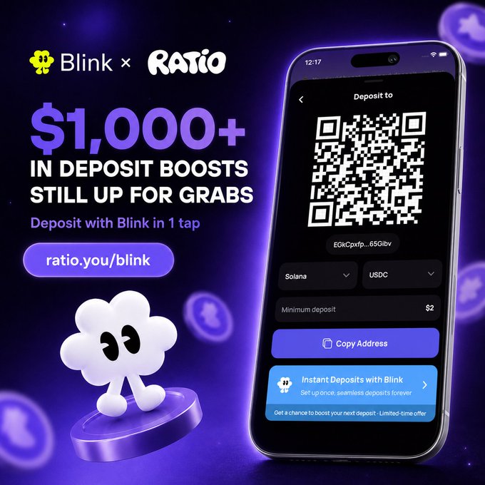 A promotional graphic for Blink x RATIO featuring a purple background with text '$1,000+ IN DEPOSIT BOOSTS STILL UP FOR GRABS' and 'Deposit with Blink in 1 tap,' alongside an image of a smartphone showing a QR code deposit screen for Solana/USDC and a white cartoon mascot.