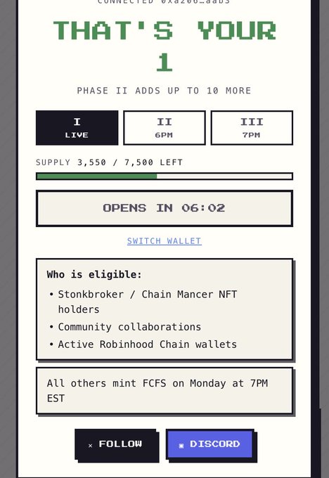 Screenshot of an NFT mint page displaying 'THAT'S YOUR 1' with Phase I live, showing supply 3,550/7,500 left, eligibility for Stonkbroker/Chain Mancer NFT holders, community collaborations, and active Robinhood Chain wallets.