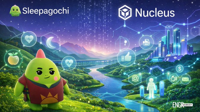 A Sleepagochi and Nucleus partnership banner featuring a green mascot character against a digital cityscape and starry sky.