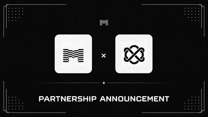 The image displays a partnership announcement graphic with two logos side by side—a wavy lined "M" logo on the left and an infinity-style knot logo on the right, separated by an "×" symbol, with "PARTNERSHIP ANNOUNCEMENT" text below. The graphic represents the collaboration between Myrad and Reppo, symbolizing their joint effort to bring dataset evaluation onchain and ensure human data is independently reviewed before industrial use.