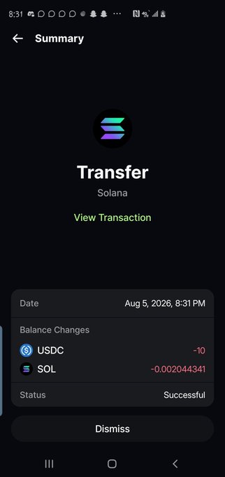 A mobile screenshot of a successful Solana transfer showing -10 USDC sent on Aug 5, 2026, confirming the $10 USDC tip mentioned in the post. The transaction also shows a minimal SOL network fee of -0.002044341.