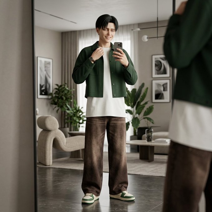 A 3D-rendered young man taking a mirror selfie in a modern apartment, wearing a green jacket, white shirt, brown pants, and green sneakers.